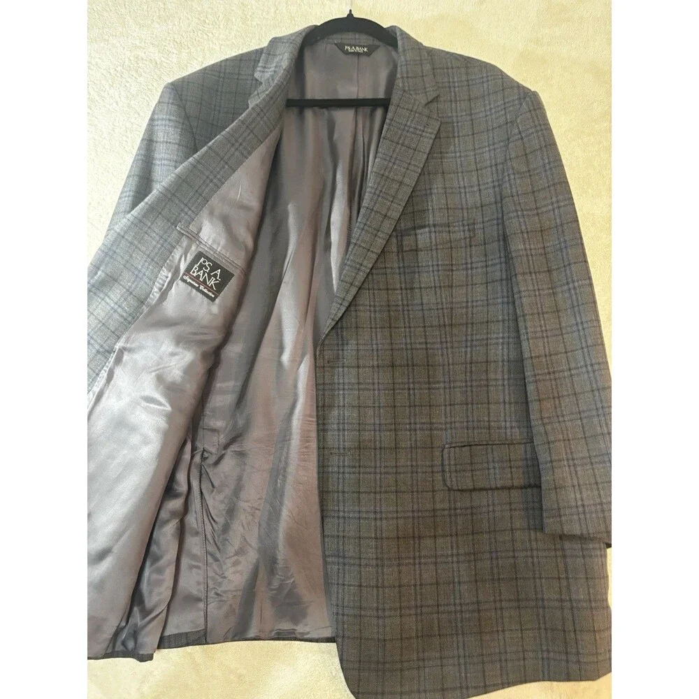 Jos A Bank Sport Coat Blazer 48R Blue Plaid Wool Suit Jacket Windowpane Big&tall